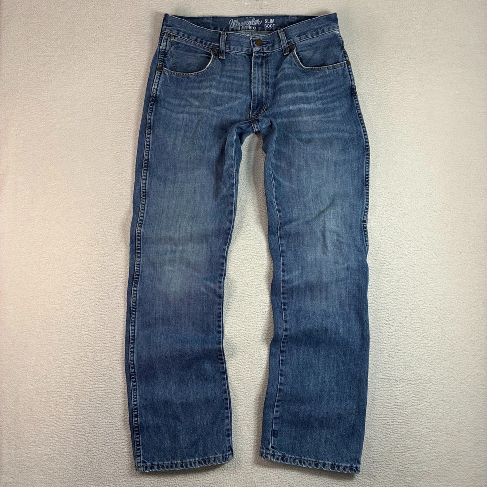 Wrangler Retro Slim Boot Jeans Men 33x34 Blue Western Cowboy Faded Bootcut 77MWZ
